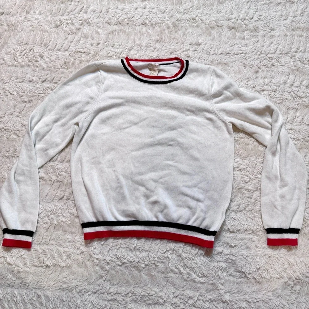 White preppy kids  Varsity Striped Sweater with navy and red stripes Size 13/14
